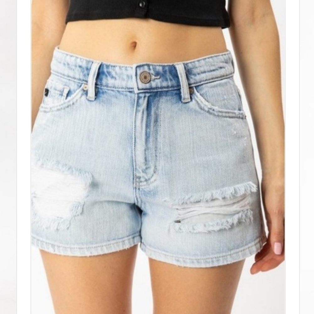 Kancan Deconstructed Distressed Jean Shorts Size‎ S High Rise Light Wash Denim